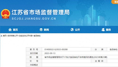 江蘇省17批次食品抽檢不合格,涉無錫 南京 揚州等多地經營企業(yè)